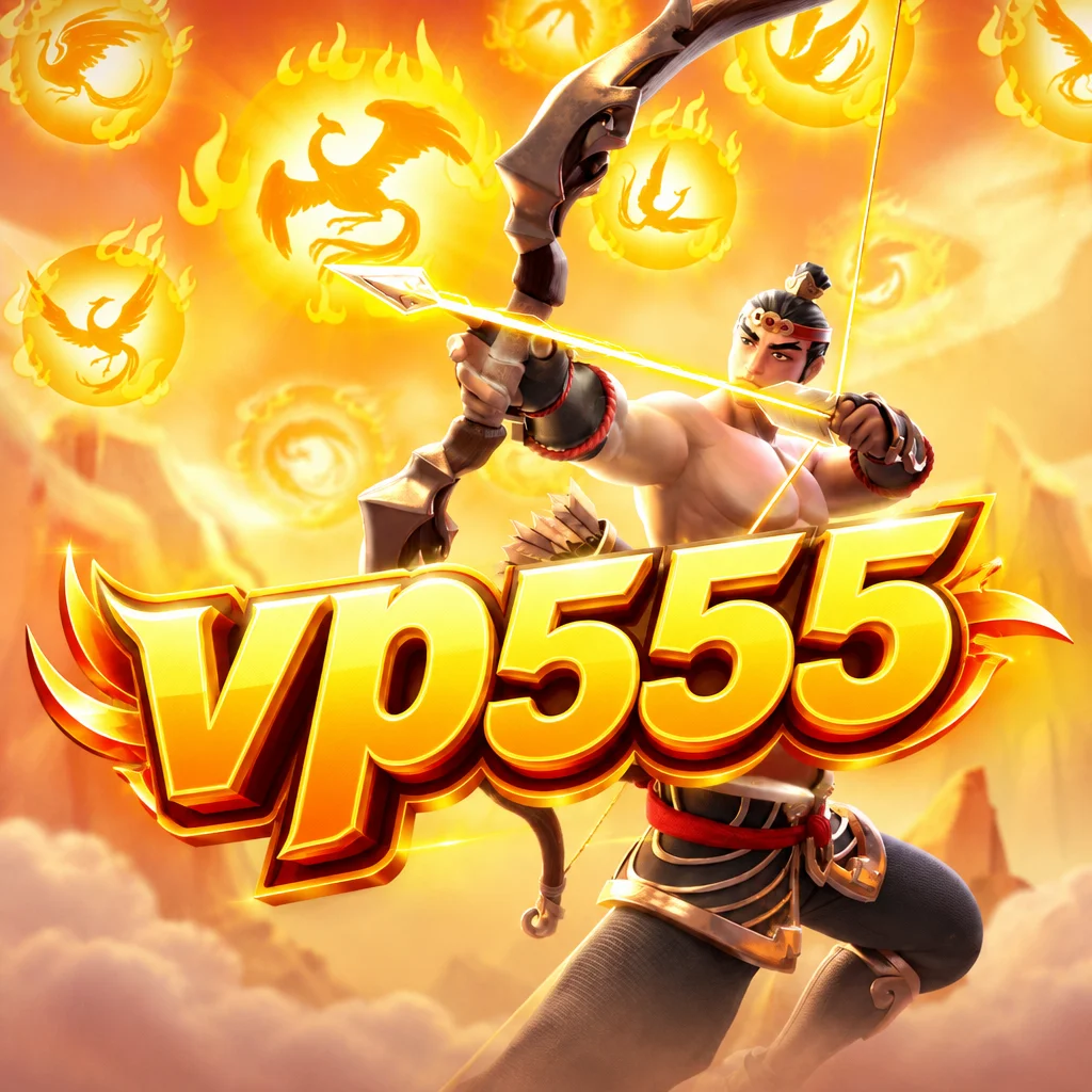 Karakter pemanah membidik busur dengan latar belakang burung matahari menyala pada game Legend Of Hou Yi dari vp555